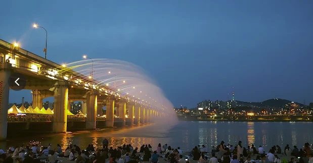 漢江の風を感じながら、多くの人がレジャーシートを広げてくつろぐ盤浦漢江公園の夜景。