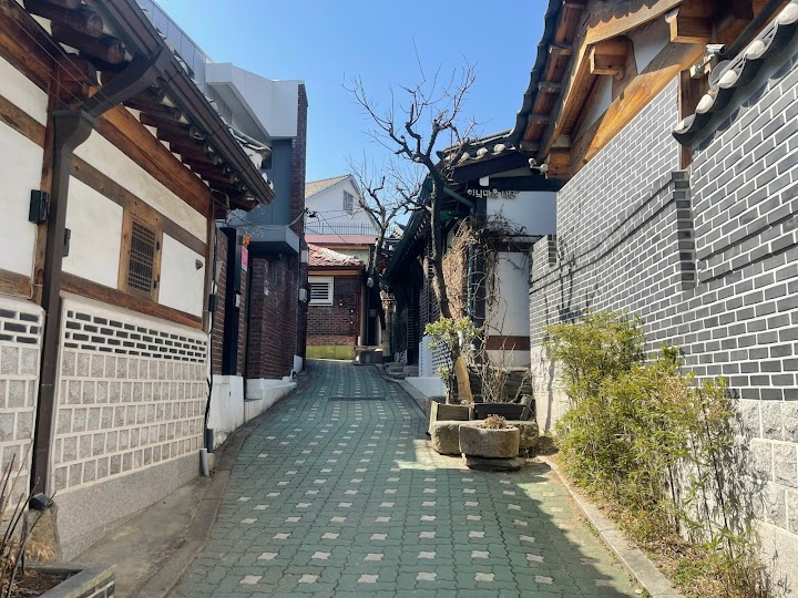 宮殿見学の喧騒を離れて、北村韓屋村の静かな路地を散策。石畳の坂道と、軒を連ねる伝統家屋の落ち着いた佇まいに心が和みます。