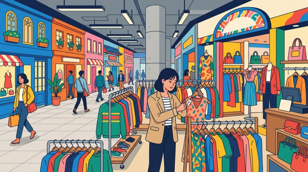 高速ターミナルのGOTO MALLで服のサイズ感と価格を確認する日本人女性