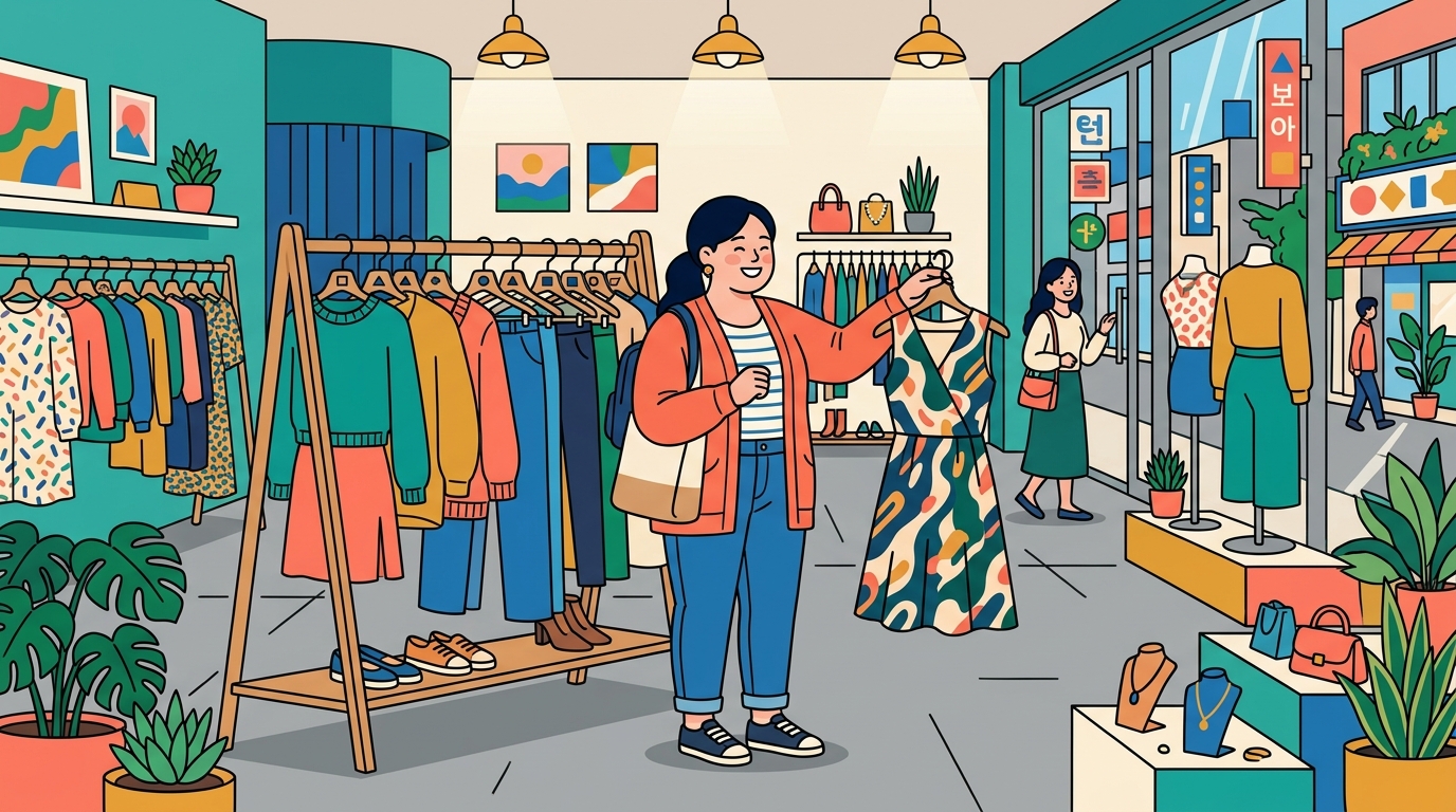 ソウルで大きいサイズの服を探す日本人旅行者と服屋の店内イメージ