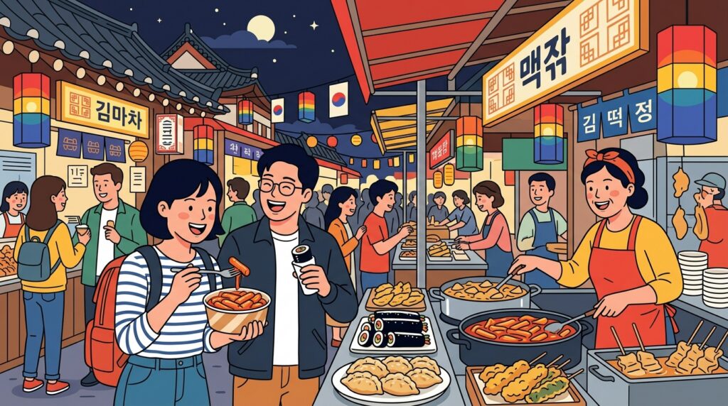 ソウルの望遠市場で食べ歩きを楽しむローカルグルメのイメージ
