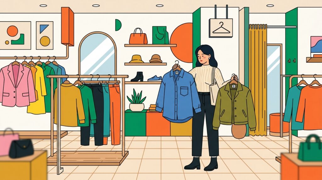 韓国のMUSINSA STANDARD店舗で服のサイズ感を確かめる様子