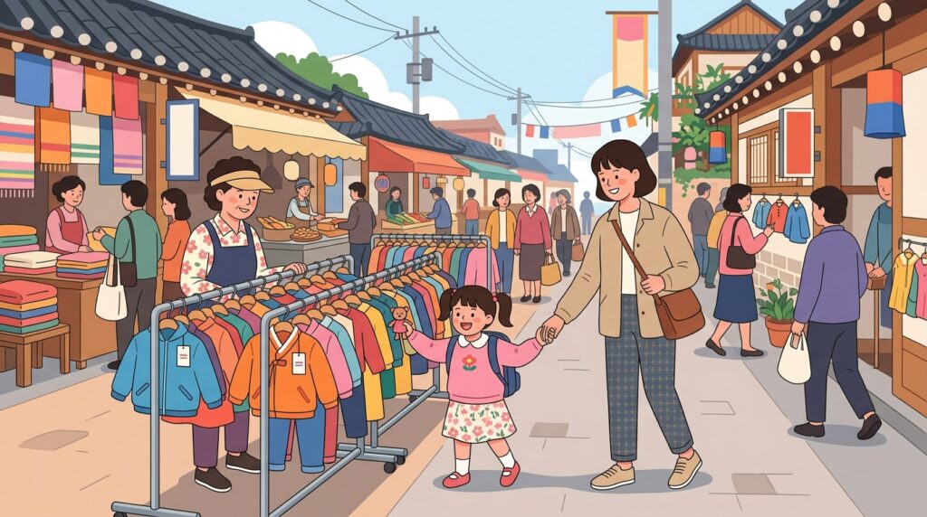 南大門市場で朝に子供服を選ぶ親子のイメージ